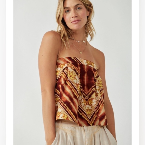 Free People Tops - FREE PEOPLE Kendra Printed Tube Top Strapless Brown Neutrals Boho Sz Large 0658